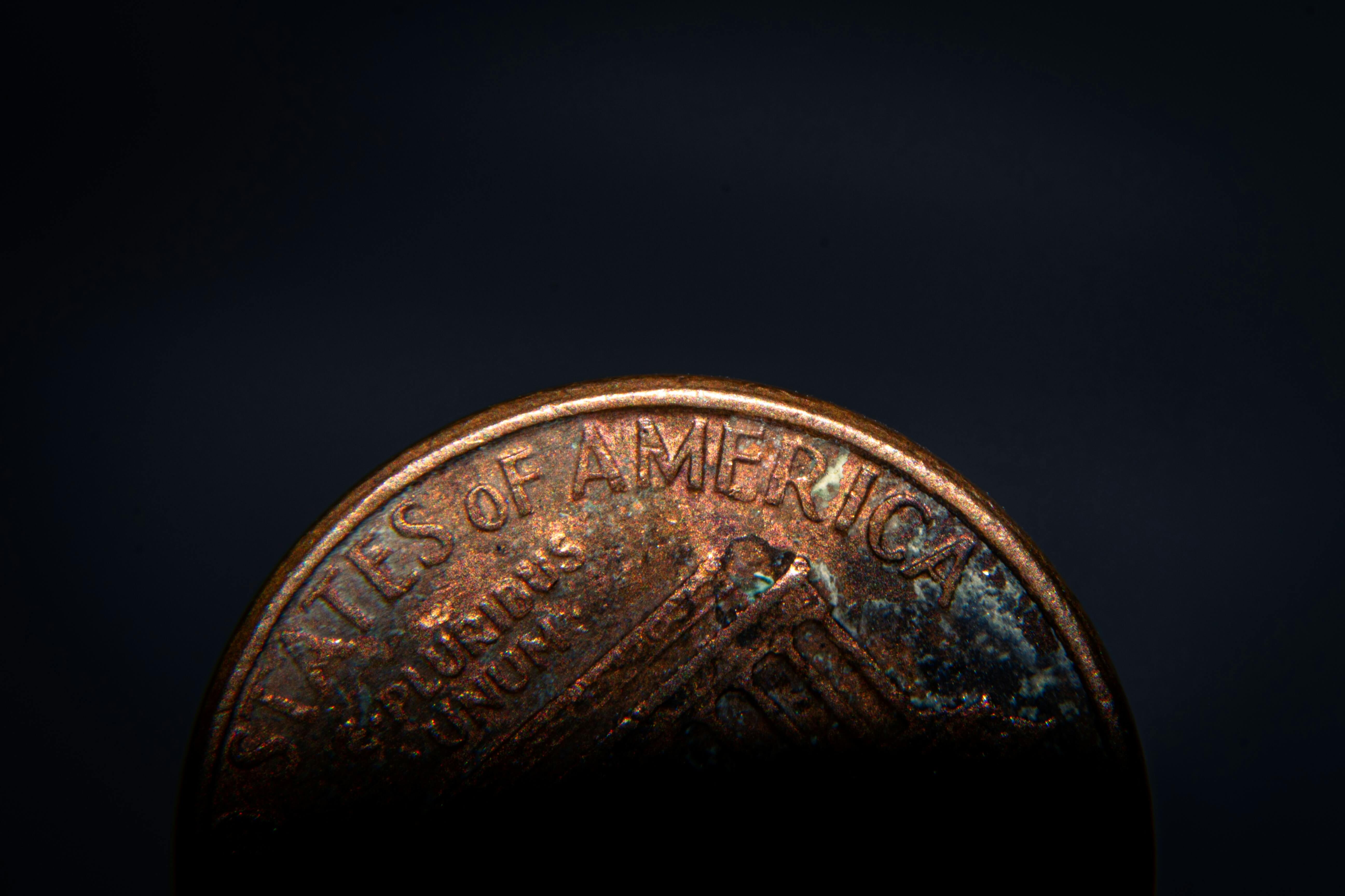 A closeup of a US cent penny coin (tails side).